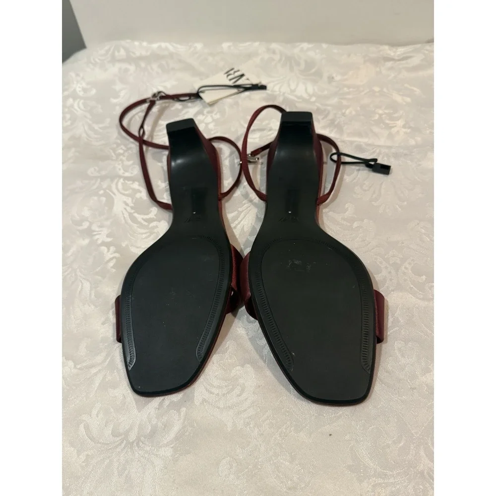 Zara Satin-Effect Ankle-Strap Sandals deep burgundy hue.size 10 Label 41 NWT - Picture 6 of 8